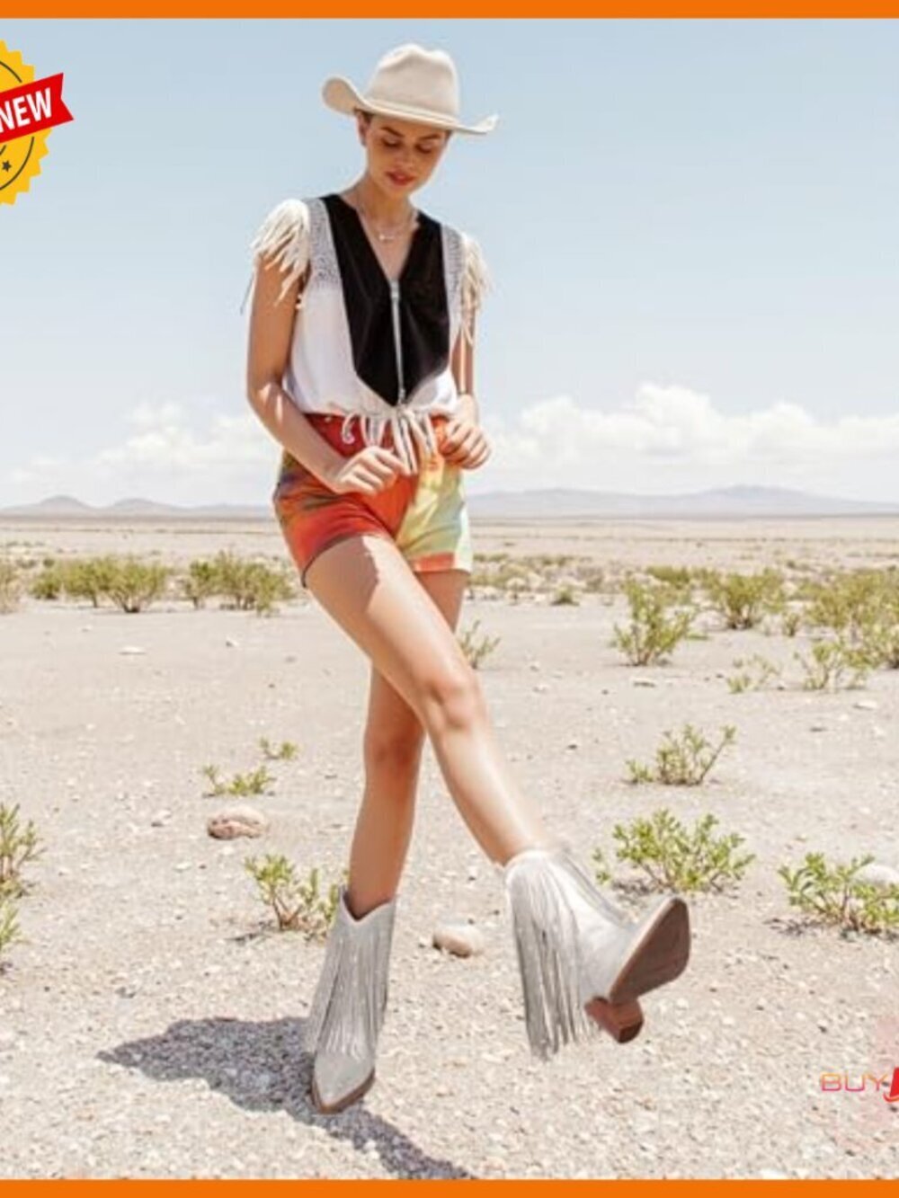 Rhinestone Fringe Cowboy Boots Pointed Toe Pull-On Mid-Calf Western - Picture 2 of 7